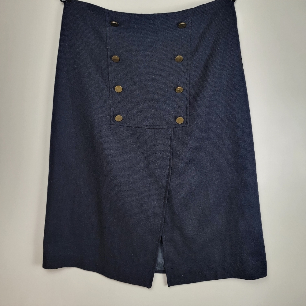 On Twelfth Navy Wool Blend Split Hem Brass Button Accented Skirt, EUC, sz Large